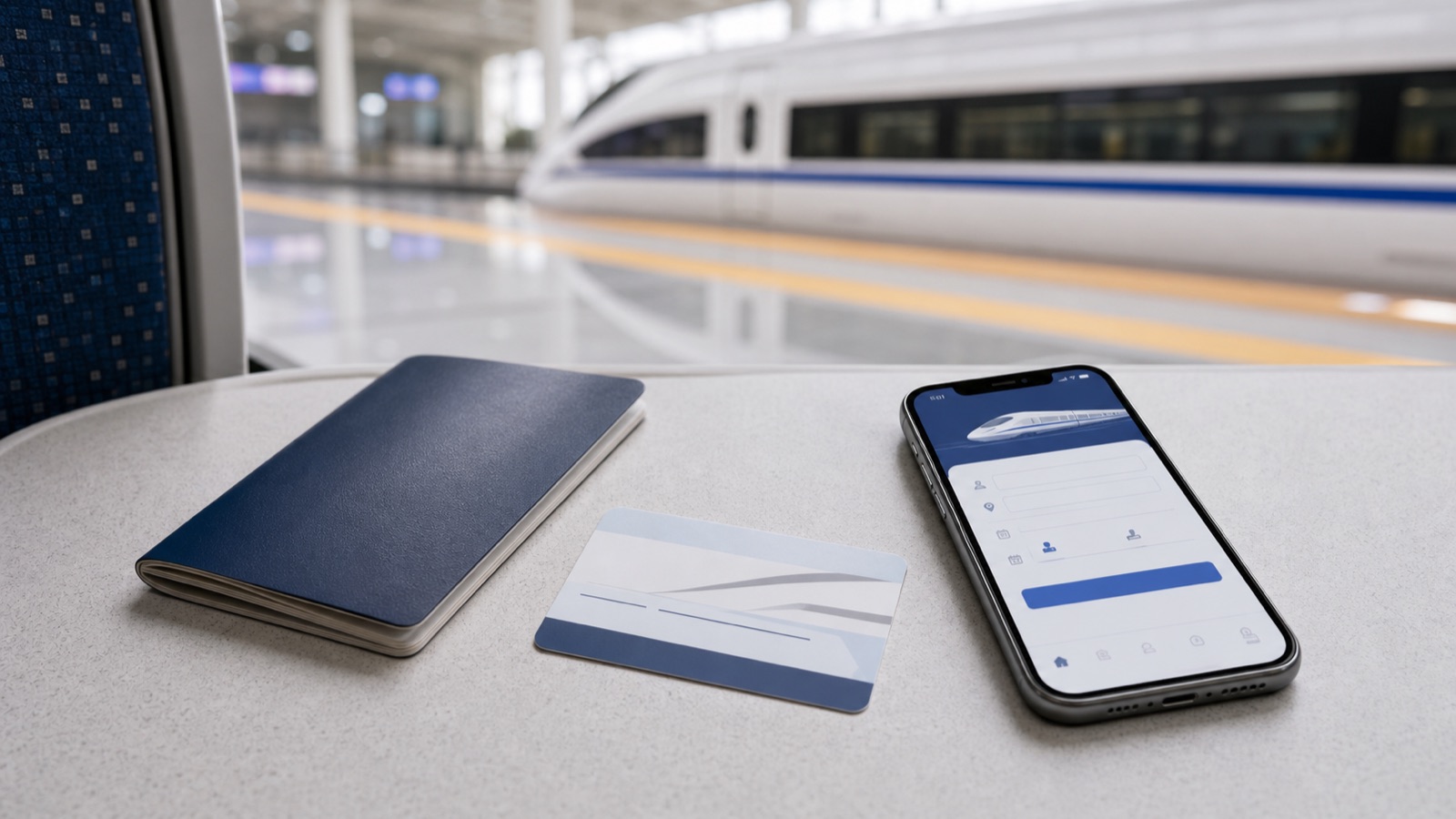 A no-text high-speed train booking scene with a passport, generic phone booking screen, blank ticket card, and train platform