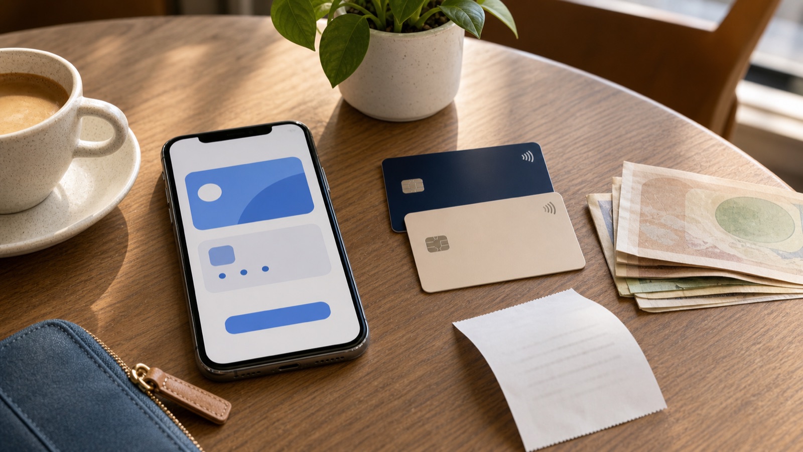 A no-text payment backup scene with a smartphone, blank cards, small cash backup, and receipt paper