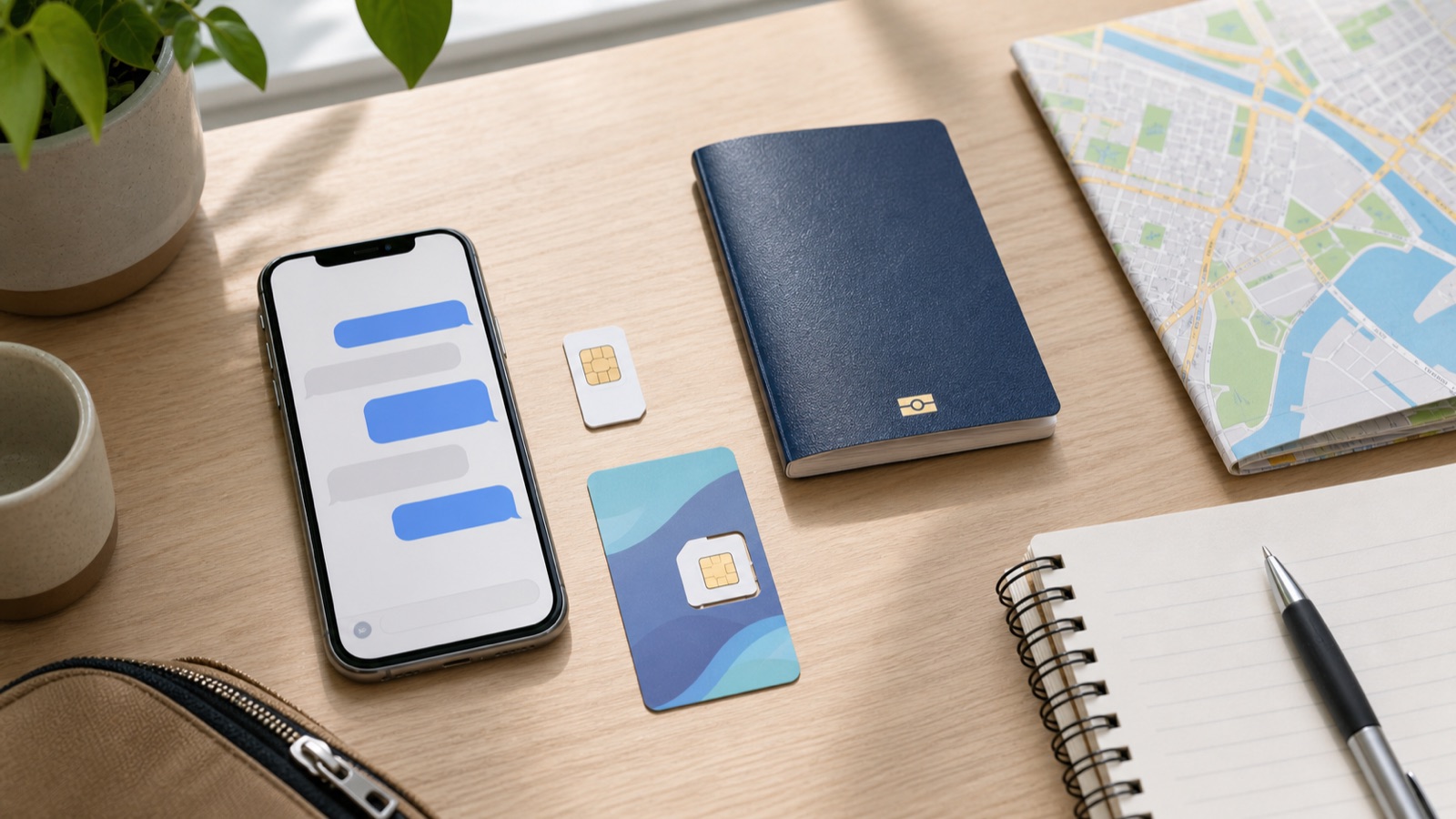 A no-text travel phone setup scene with a smartphone, SIM, eSIM card, passport, map, and notebook