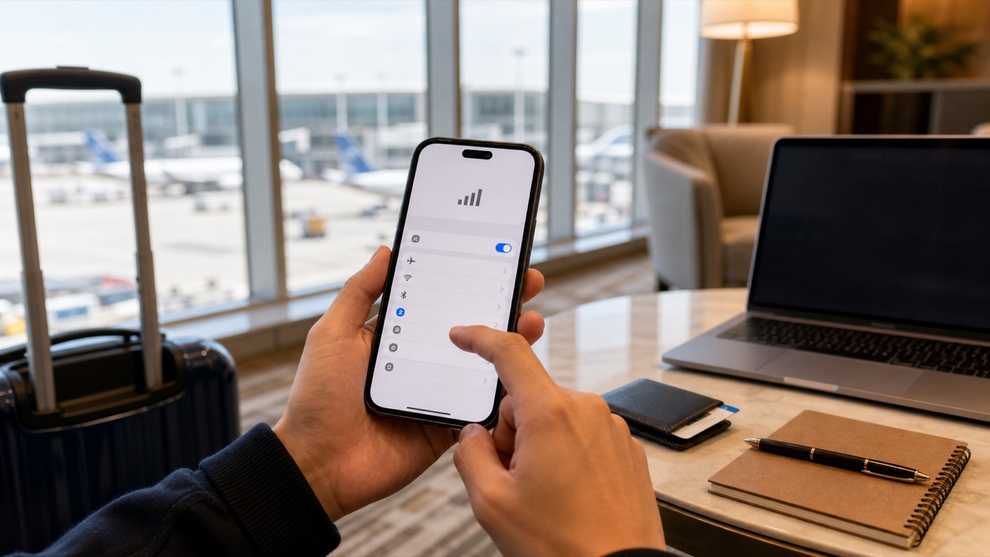 Traveler phone with connectivity settings beside a laptop and luggage for China eSIM, Wi-Fi, and VPN planning