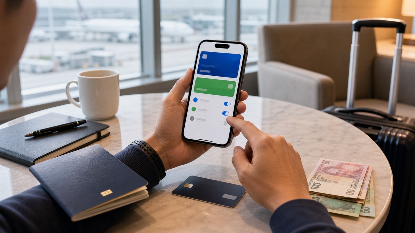 Traveler checking a generic mobile wallet setup at an airport lounge with passport, card, and RMB cash backups nearby