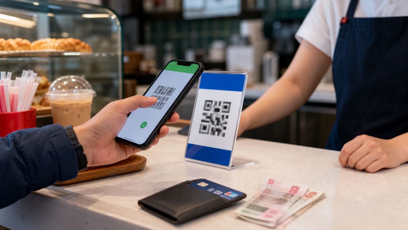 Traveler payment setup with two mobile wallets, bank card, and RMB cash ready for China