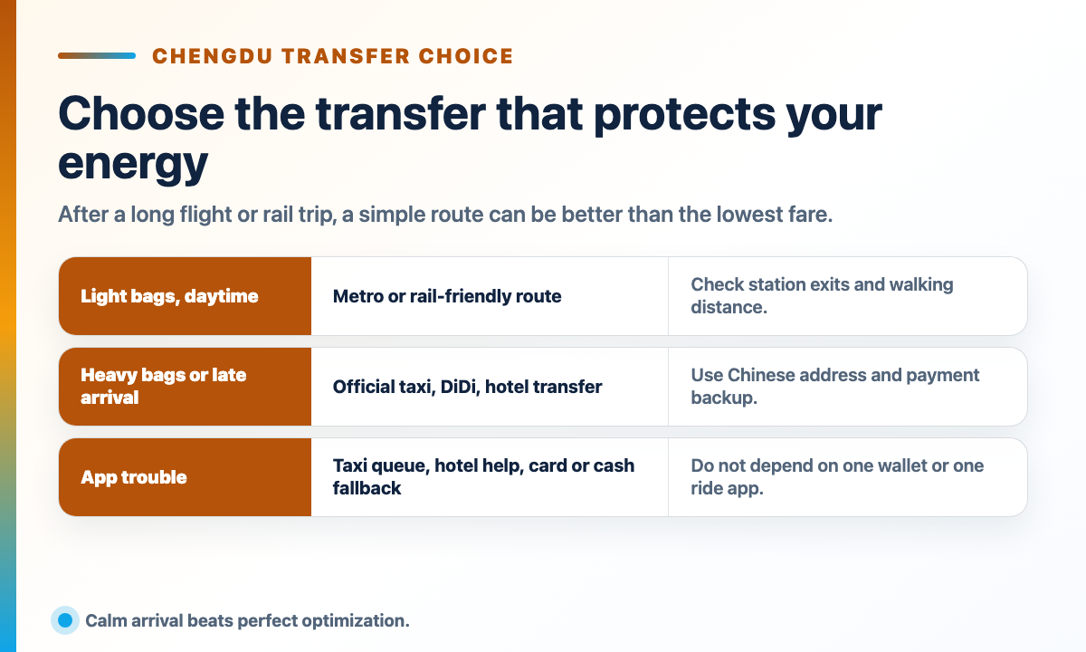 Chengdu transfer choice matrix comparing light-bag daytime arrival, heavy-bag or late arrival, and app trouble fallback