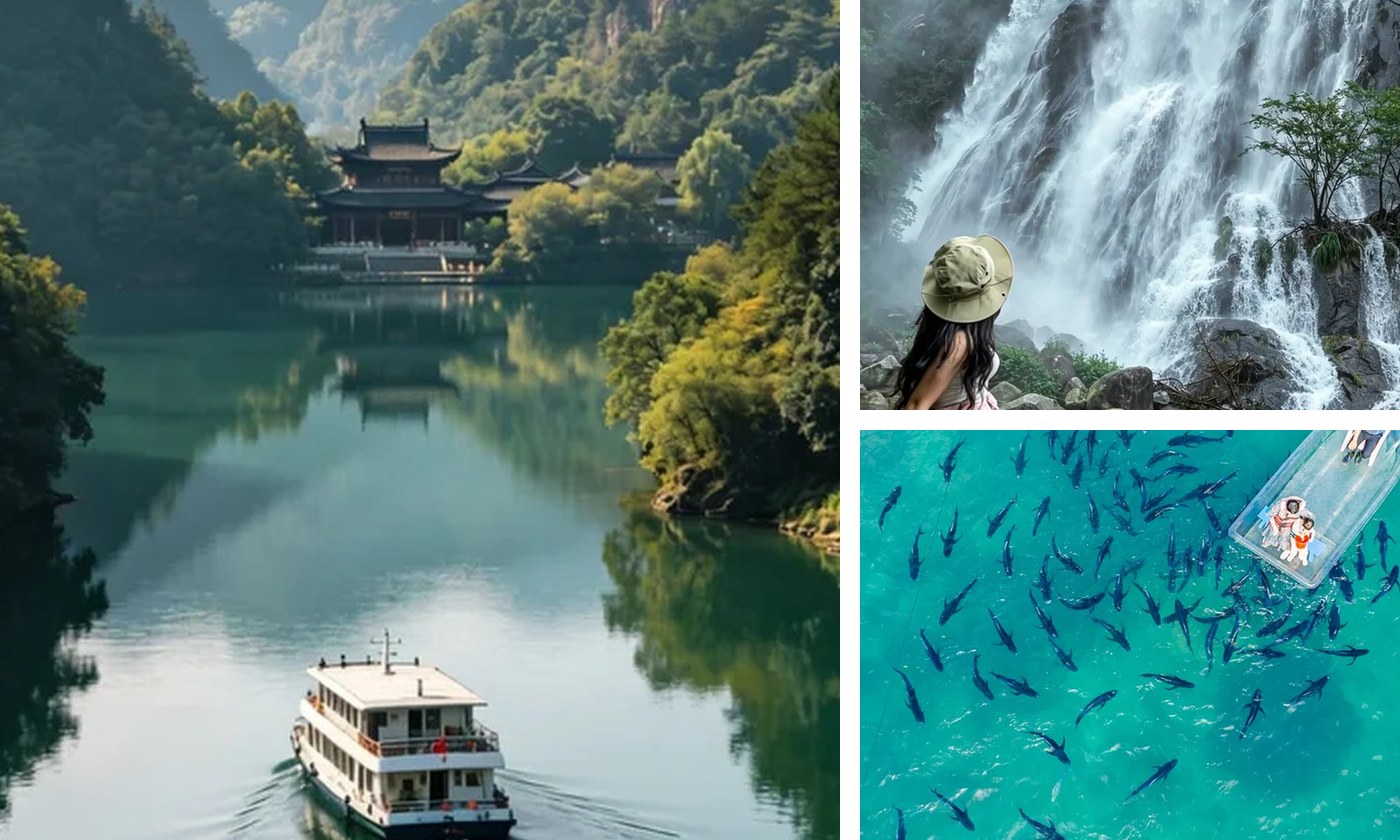 Summer mountain waterfall and green valley scenery in China