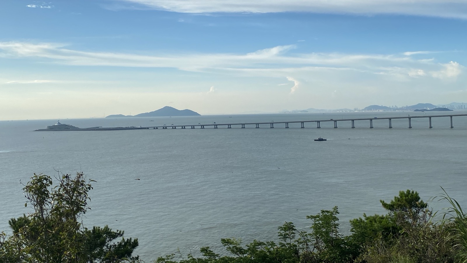 Hong Kong-Zhuhai-Macao Bridge link road crossing the sea toward the western Pearl River Delta.