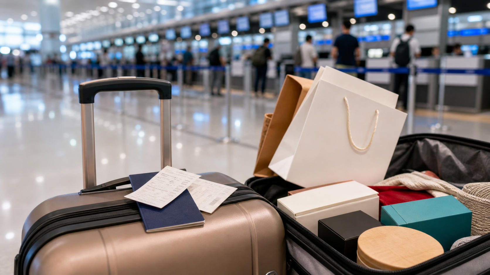 Shopping goods, receipts, and a passport placed on luggage inside a modern airport departure hall.