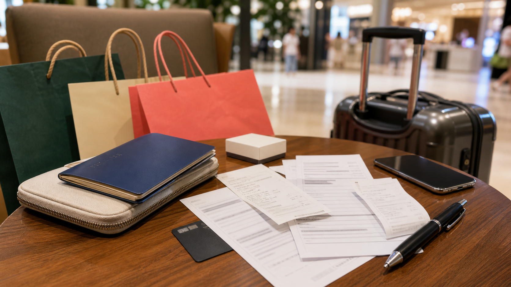 Passport cover, receipts, refund-form-like papers, payment card, phone, and shopping bags arranged on a mall cafe table.