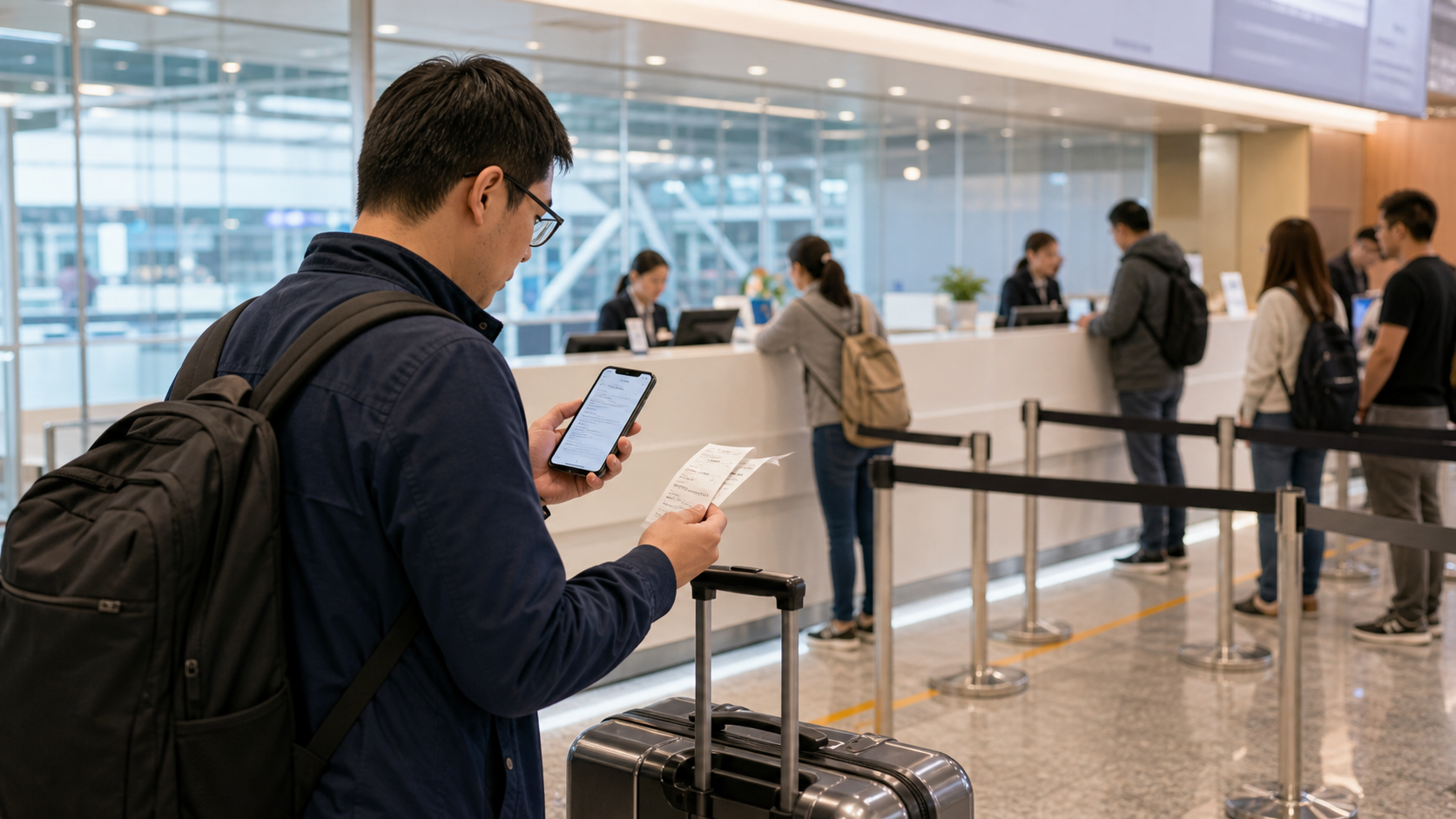 Traveler with luggage checking a phone and receipts near a modern airport service counter.