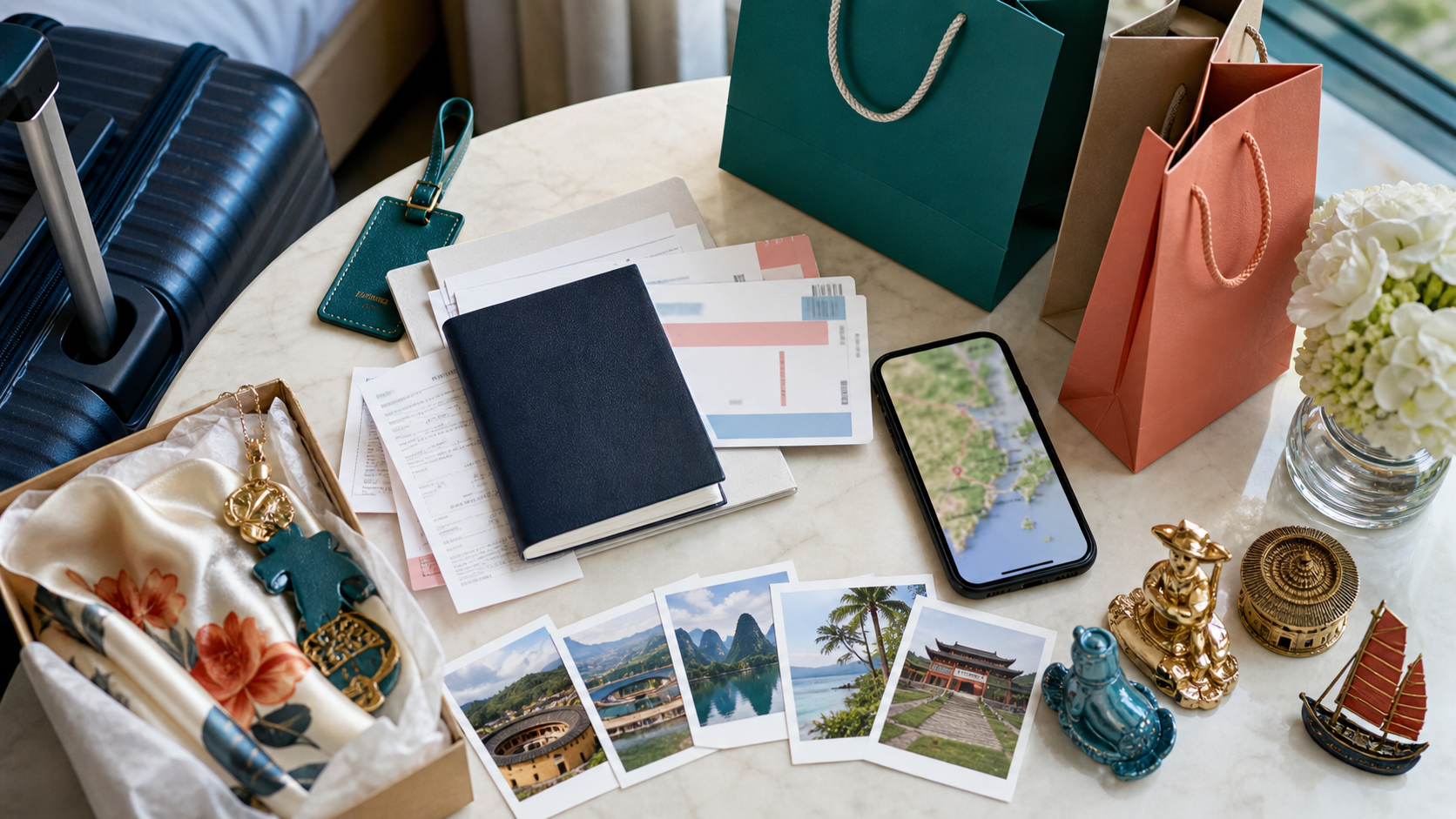 Shopping bags, luggage, passport, receipts, a phone route view, and southern China travel souvenirs on a hotel table.