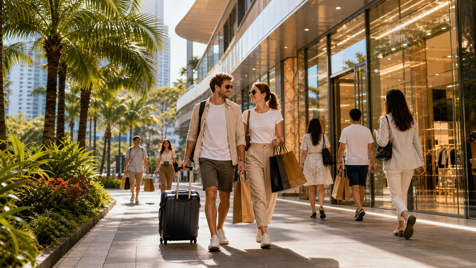 Travelers with luggage and shopping bags walking beside a palm-lined modern shopping district in southern China.