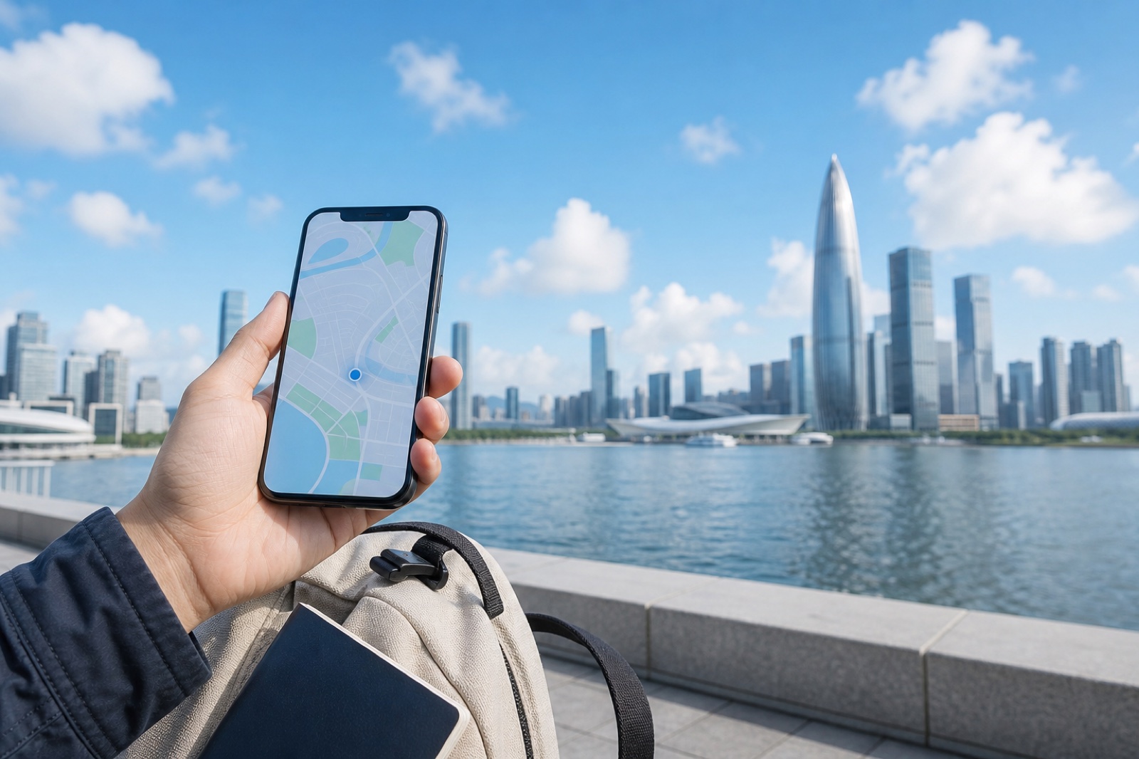 Traveler holding a phone with a map near a blue waterfront skyline