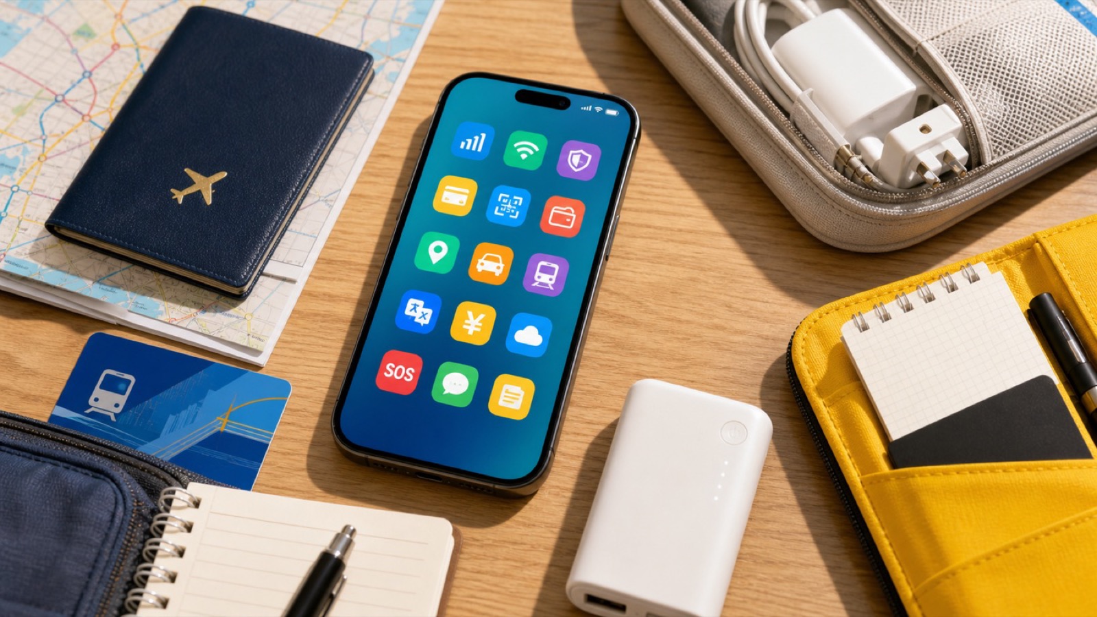 Traveler phone with essential China travel app icons beside passport, transit card, charger, map, and notebook.