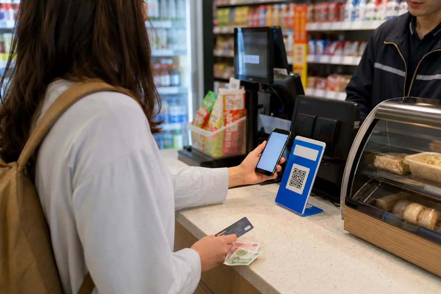 International visitor using a phone for QR payment at a China convenience-store counter with card and RMB cash backups.
