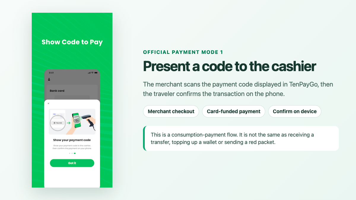 Annotated official TenPayGo screenshot explaining how to show a payment code to a cashier.