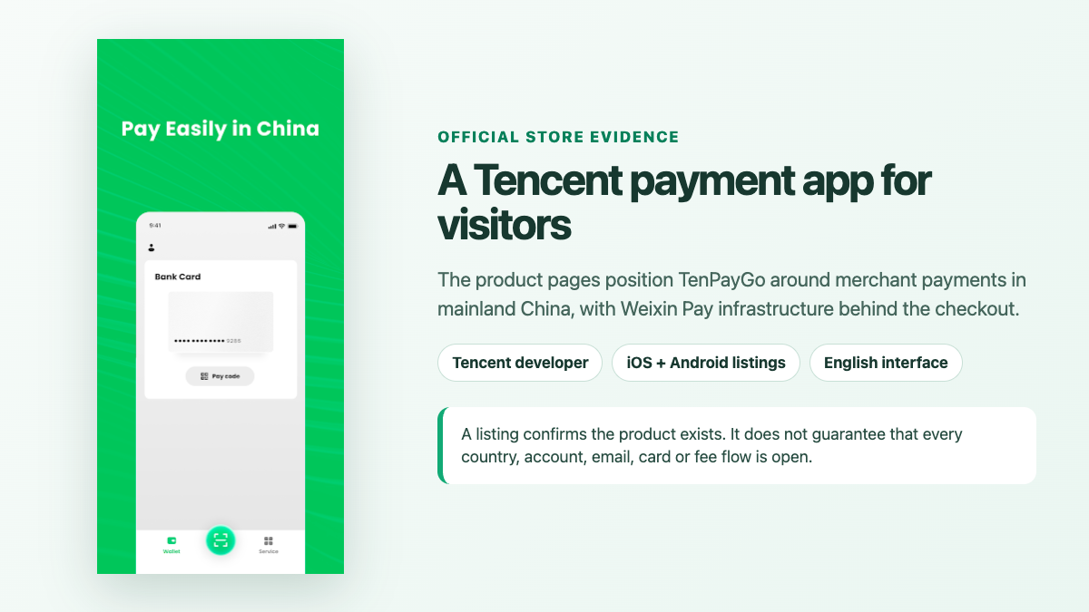 Annotated official TenPayGo store screenshot with current platform and limited-access cautions.